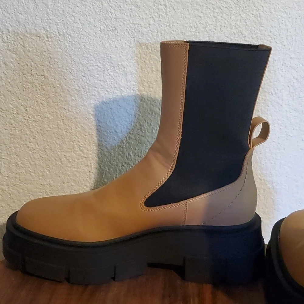 Mango|Womens Tan Platform Track Sole Contrast Panels Ankle Boot Neutral Sz.EU 40